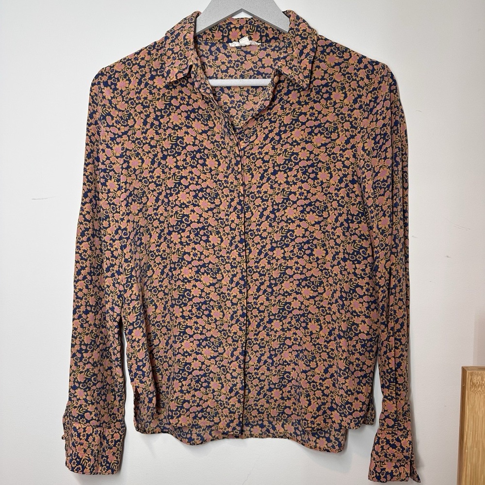 Floral Print Long Sleeve Button Up Shirt Silk Romantic Blouse Size S